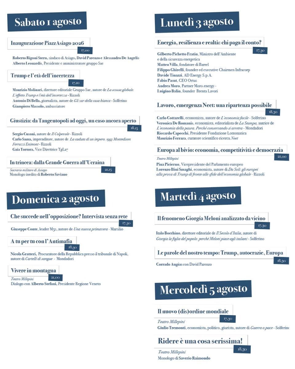 programma di sabato primo agosto, domenica 2 agosto, lunedì 3 agosto, martedì 4 agosto, mercoledì 5 agosto