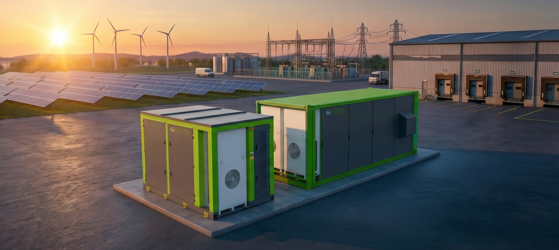 Sistema di accumulo, BESS, industriale outdoor installato in un impianto con fotovoltaico e sottostazione elettrica